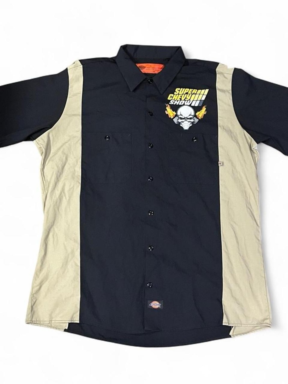 Dickies Black & Tan Short-Sleeve Button-Down with Super Chevy Skull Patch